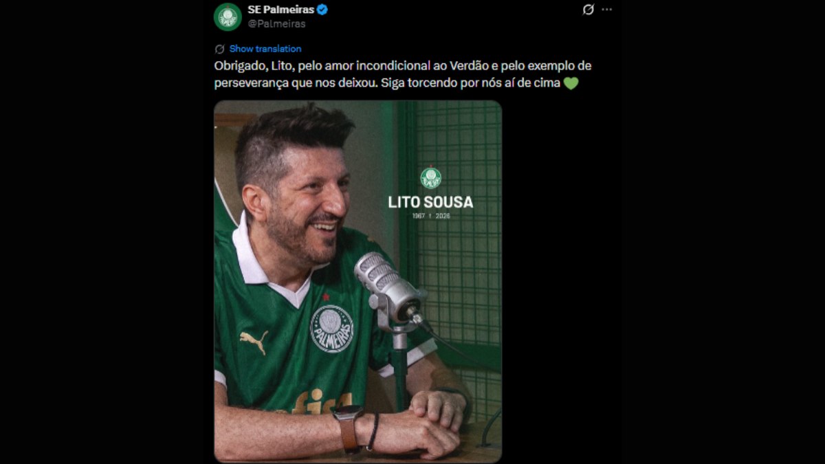 Publicação do Palmeiras lamentando a morte de Lito Sousa Publicação do Palmeiras lamentando a morte de Lito Sousa