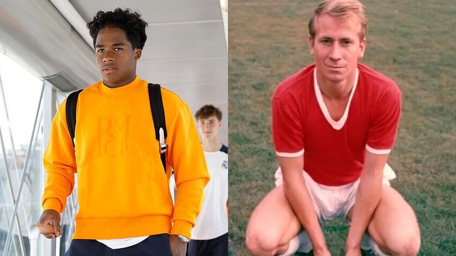 Endrick e Bobby Charlton: idolatria chamou atenção de fãs do futebol