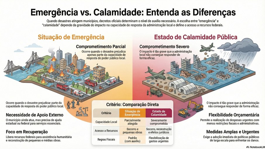 Infográfico: situação de emergência x estado de calamidade pública Infográfico: situação de emergência x estado de calamidade pública