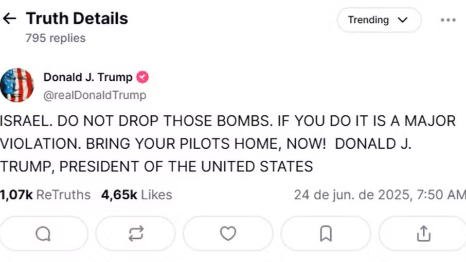 Postagem de Trump pede que Israel não lance bombas Postagem de Trump pede que Israel não lance bombas