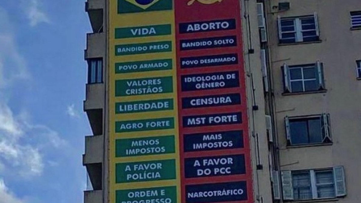 Lateral do Efifício Caraíba, em Porto Alegre, com anúncio que associa, sem respaldo na realidade, comunismo a uma facção criminosa