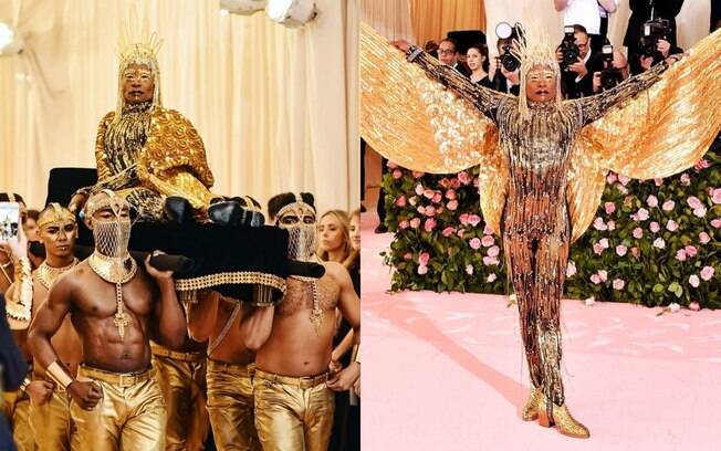 Billy Porter chegou ao Met Gala 2019 sendo carregado em um trono e exibiu um look que foi totalmente feito de ouro puro