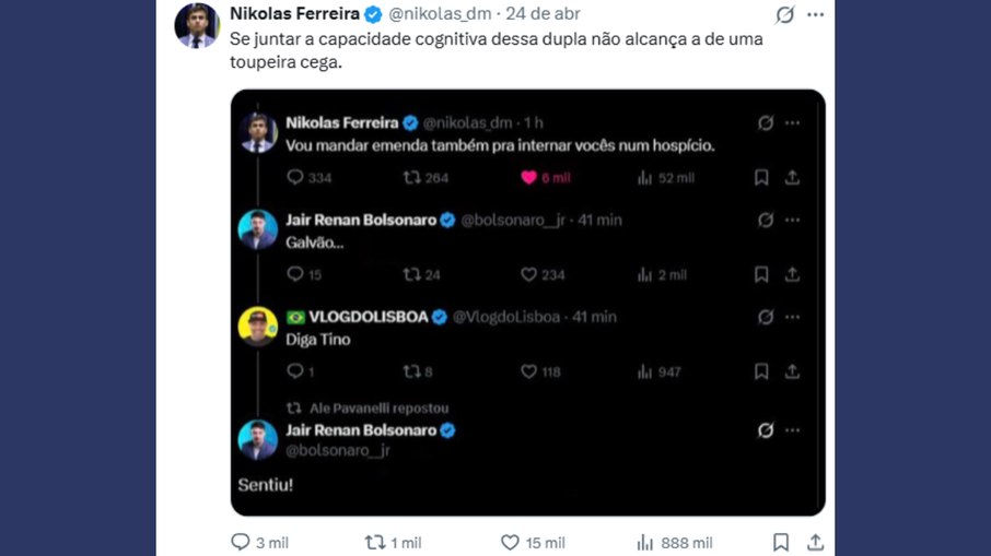 Nikolas Ferreira diz que Jair Renan tem capacidade cognitiva de 