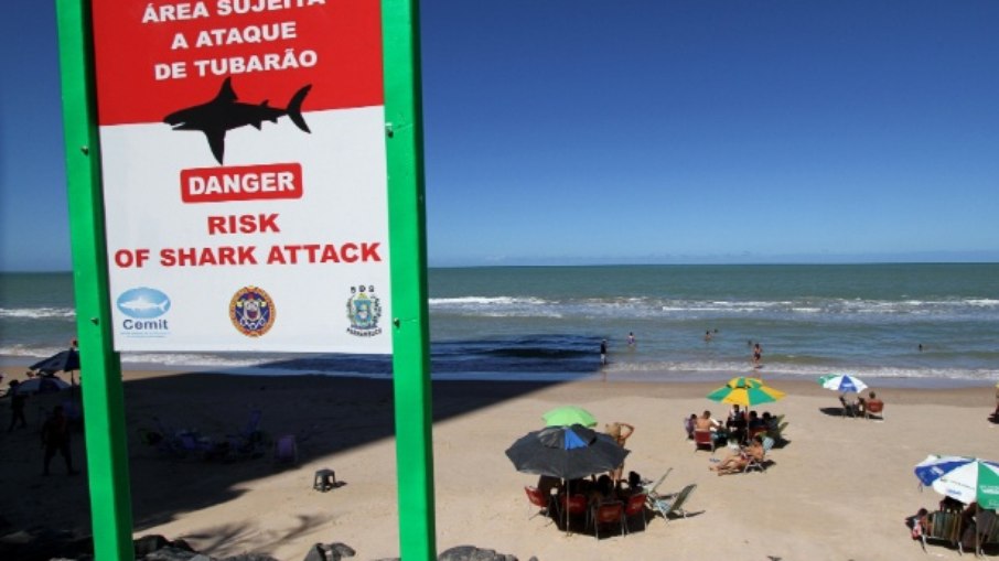 Placa de aviso de ataques de tubarão na Praia da Boa Viagem em Recife Placa de aviso de ataques de tubarão na Praia da Boa Viagem em Recife