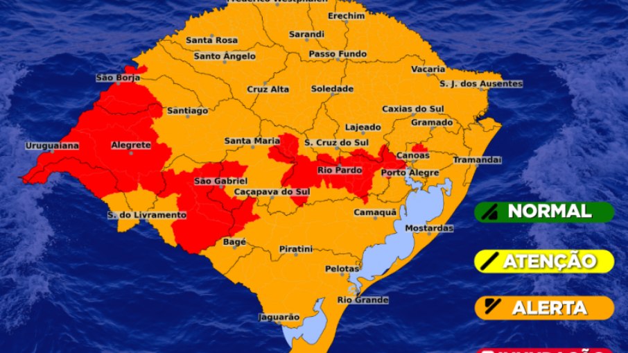 Áreas em vermelho devem enfrentar continuação da inundação no Rio Grande do Sul Áreas em vermelho devem enfrentar continuação da inundação no Rio Grande do Sul