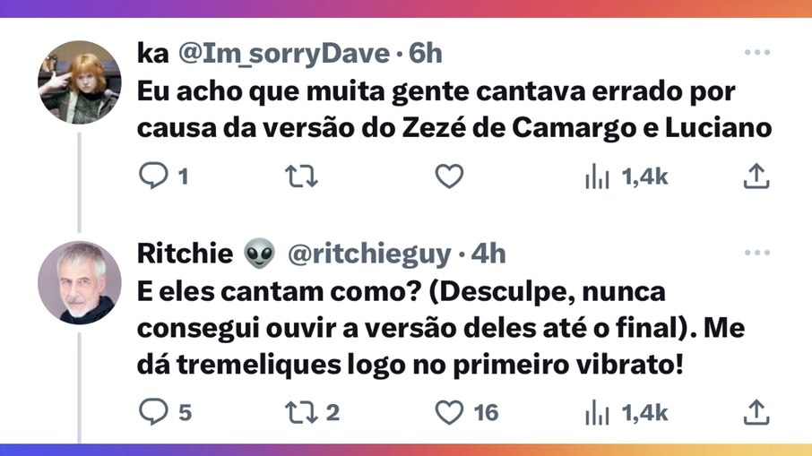 Print do comentário de Ritchie sobre Zezé Di Camargo e Luciano