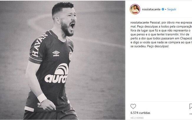 Rossi publicou pedido de desculpas em seu Instagram