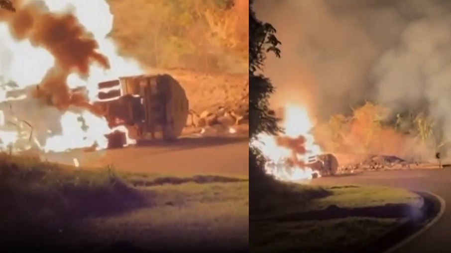 Chamas consomem caminhão carregado de etanol na Via Dutra Chamas consomem caminhão carregado de etanol na Via Dutra