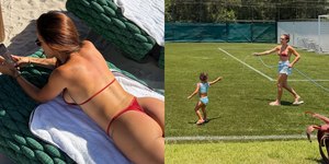 De biquíni, Bruna Biancardi curte viagem com Neymar e filhas