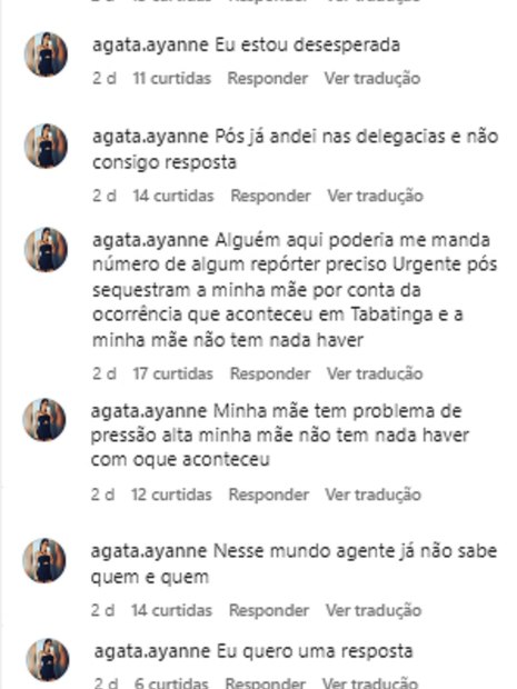 A imagem mostra comentários de Ágata pedindo ajuda para encontrar sua mãe