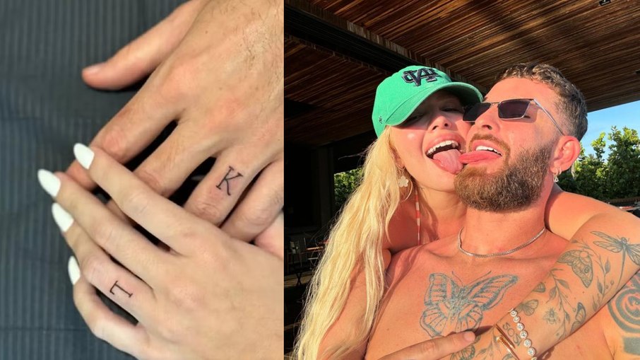 Karoline Lima e Léo Pereira tatuaram as iniciais um do outro no dedo em que se coloca a aliança de compromisso