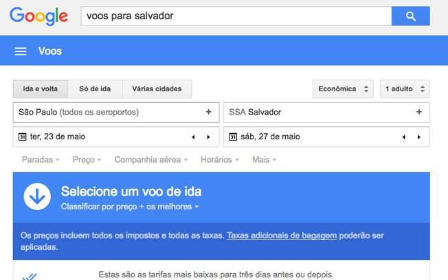 Google informa os horários e as melhores ofertas de voos para as cidades pesquisadas pelos usuários