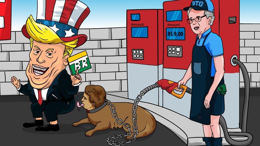 Na charge, Bolsonaro é representado por um cachorro preso por uma coleira que sai de uma bomba de combustível ao lado do ex-presidente americano Donald Trump 