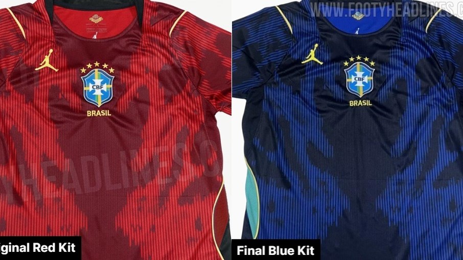 Camisa vermelha ao lado da camisa azul, que deve ser usada pelo Brasil na Copa do Mundo Camisa vermelha ao lado da camisa azul, que deve ser usada pelo Brasil na Copa do Mundo