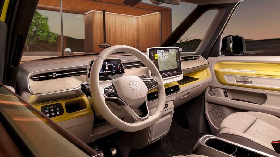 VW ID Buzz tem interior descolado, com panel colorido e tela da central multimídia no centro