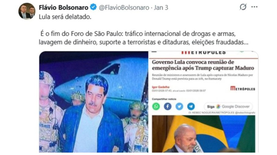 Postagem foi feita no mesmo dia que o então presidente venezuelano foi capturado pelos EUA