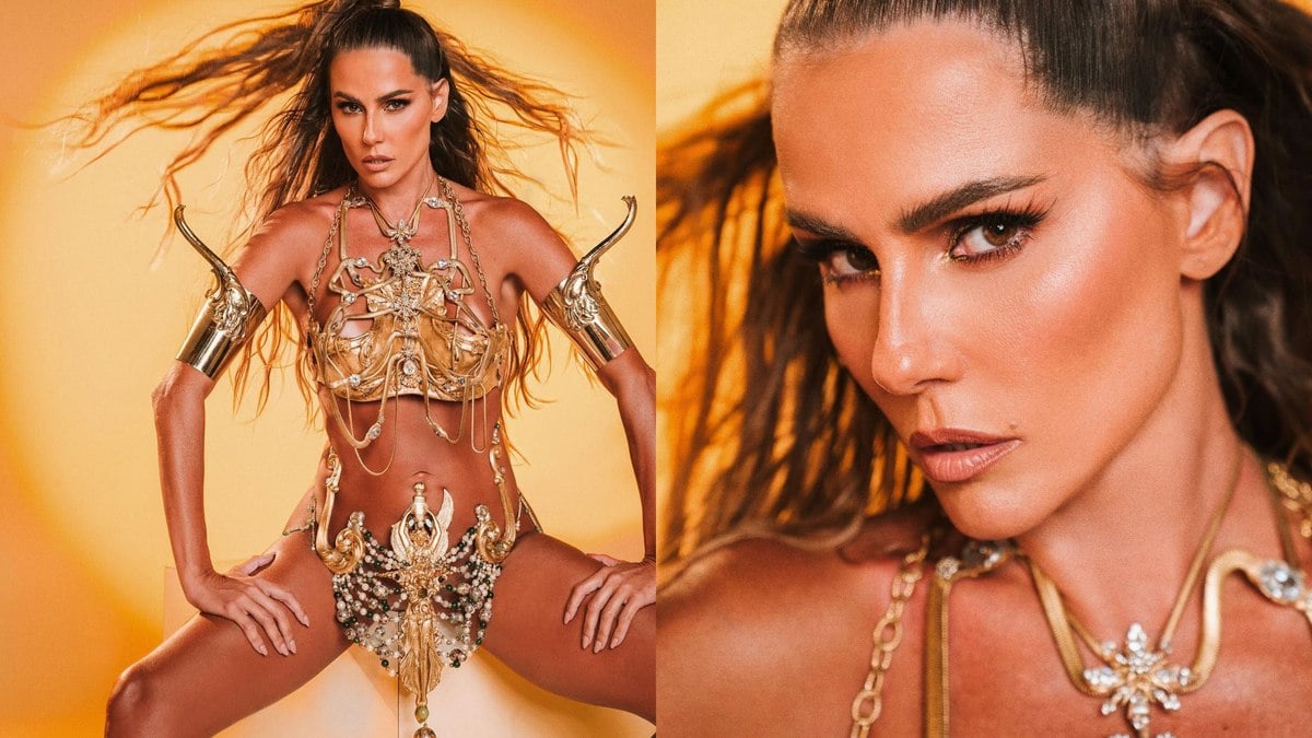 Deborah Secco usa look dourado para o Carnaval