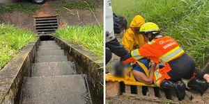 Mulher escorrega, cai em galeria e fica em estado grave