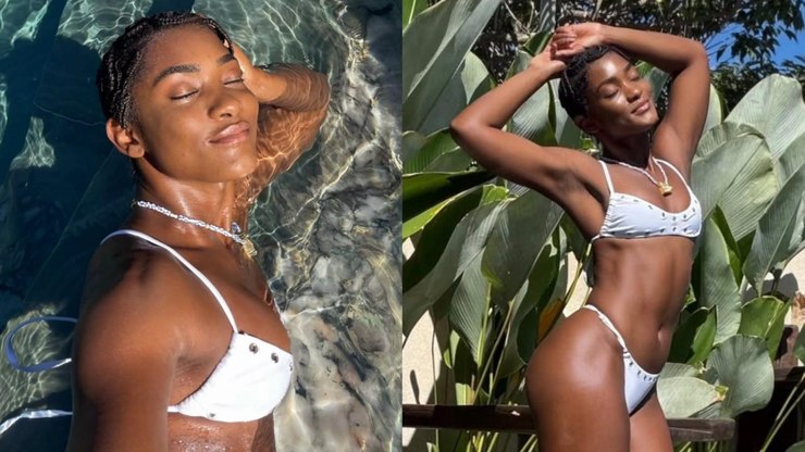 Erika Januza posta fotos de biquíni e namorado reage: “Eita”