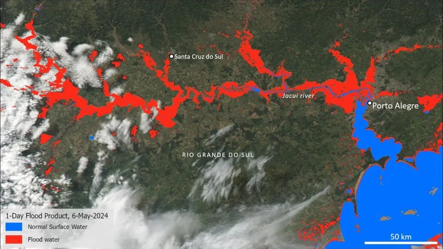 Em vermelho, as cheias, em azul o curso normal do rio