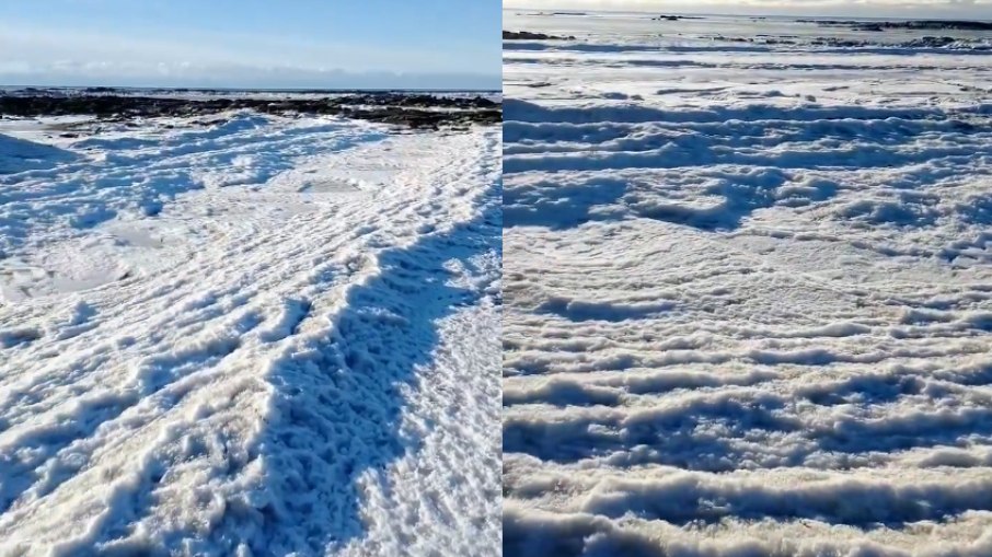 As imagens das ondas congeladas rapidamente viralizaram nas redes sociais