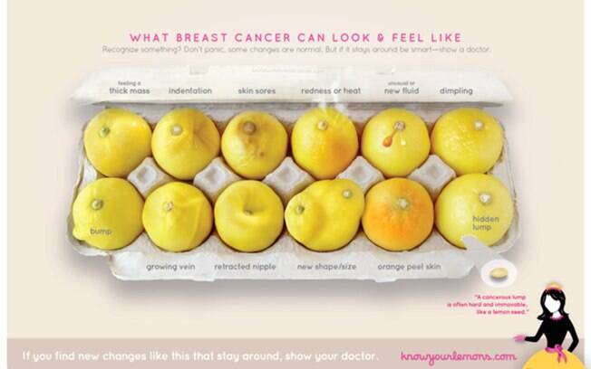 A campanha mostra em 12 limões os sinais do câncer de mama e o aspecto que a doença dá ao seio
