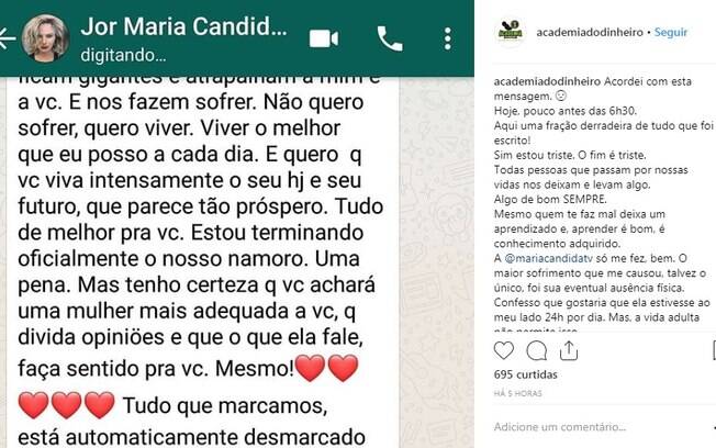 Maria Cândida terminou a relação por WhatsApp e ex-namorado a expôs na internet