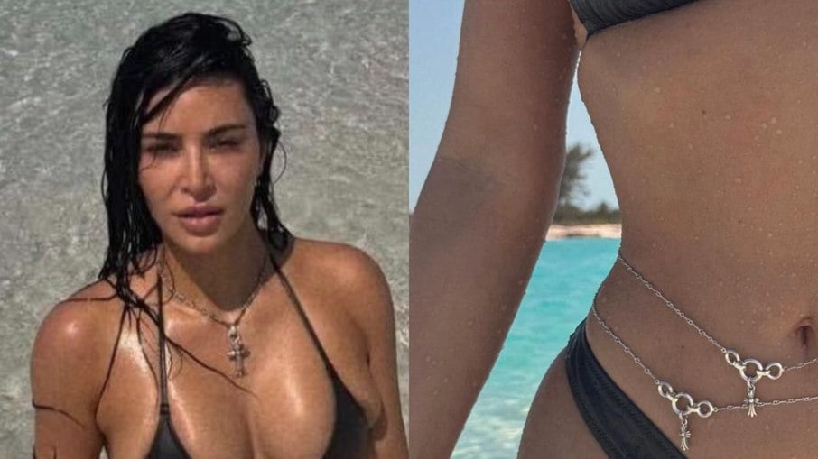 Kim Kardashian ostenta cintura fininha em fotos de biquíni