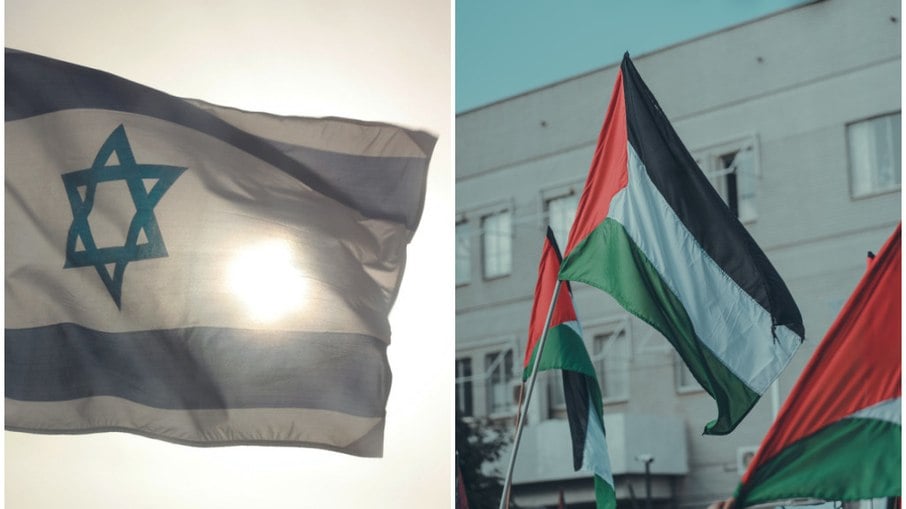 Bnadeira de Israel e bandeira da Palestina, respectivamente