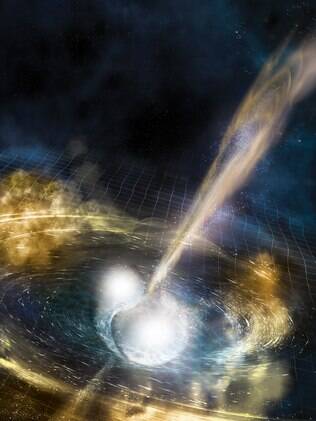Ilustração de duas estrelas de nêutron. A grade representa as ondas gravitacionais que viajam para fora da colisão