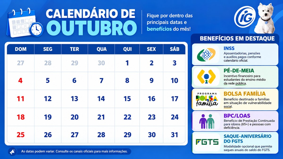 Benefícios de outubro: veja as datas de pagamento