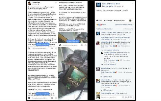 Página 'Game of Thrones Brasil' compartilhou a postagem de Leonardo Rego no Facebook, contando sobre  o assalto