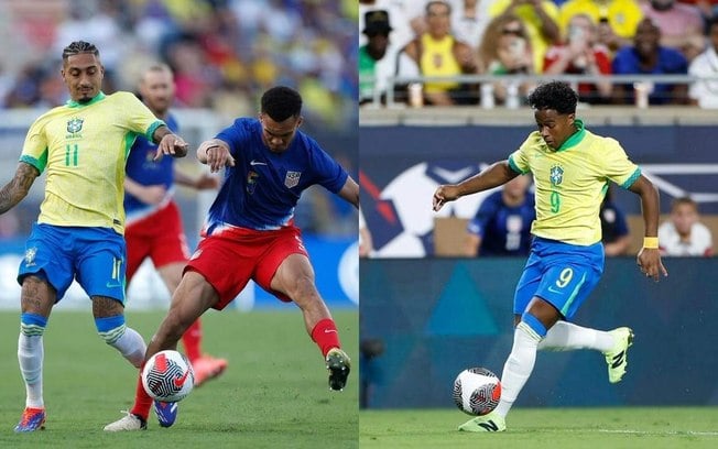 Raphinha e Endrick em ação pelo Brasil no amistoso diante dos Estados Unidos