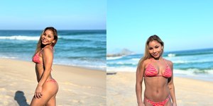 De biquíni, Flávia Saraiva exibe corpo definido em praia no Rio