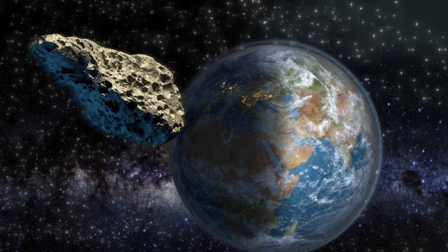 Foto ilustrativa de um asteroide se aproximando da Terra.