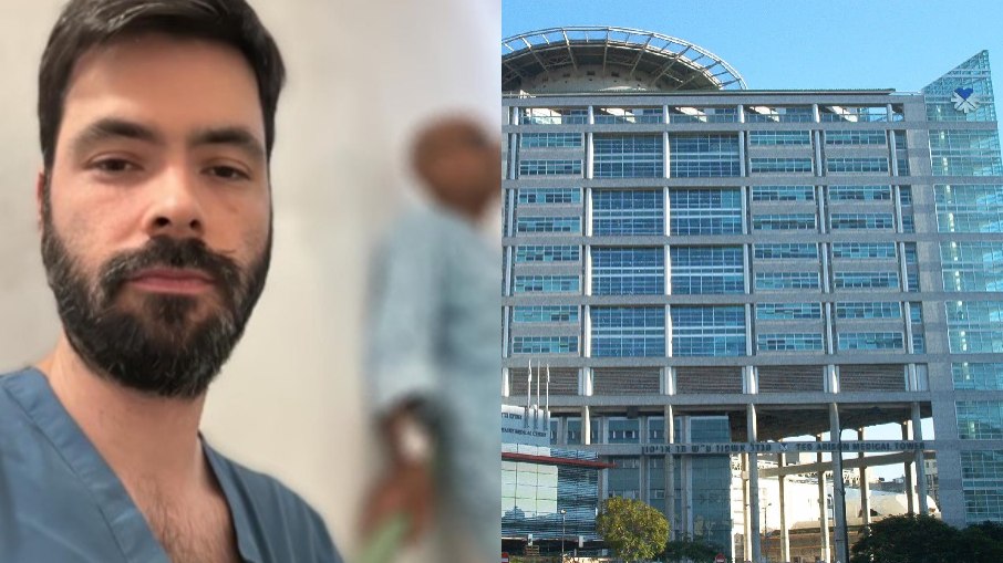 O brasileiro Victor Bilman e paciente se abrigando nas escadas de hospital em Tel Aviv