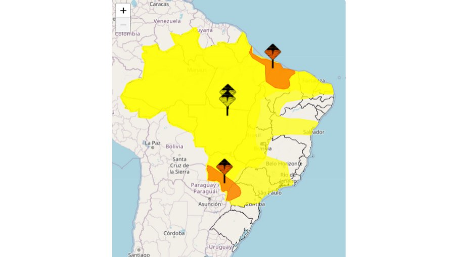 Em amarelo, áreas com perigo potencial de chuvas fortes; em laranja, alerta de perigo definido pelo Inmet Em amarelo, áreas com perigo potencial de chuvas fortes; em laranja, alerta de perigo definido pelo Inmet