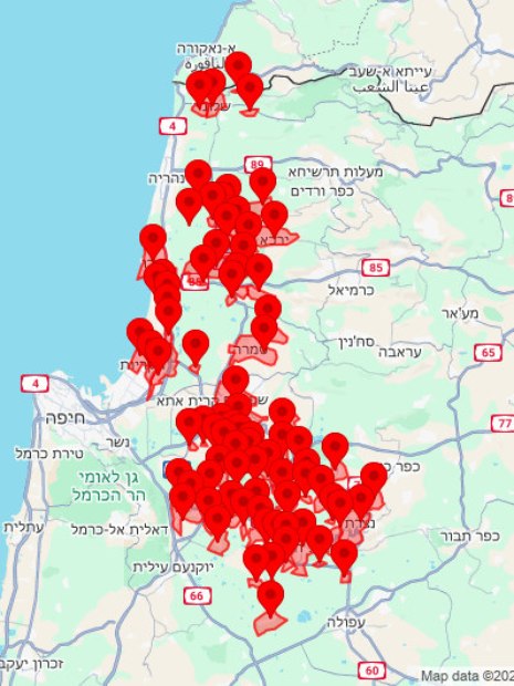 Os pontos vermelhos mostram a direção de mísseis do Hezbollah lançados em um único ataque ao norte de Israel