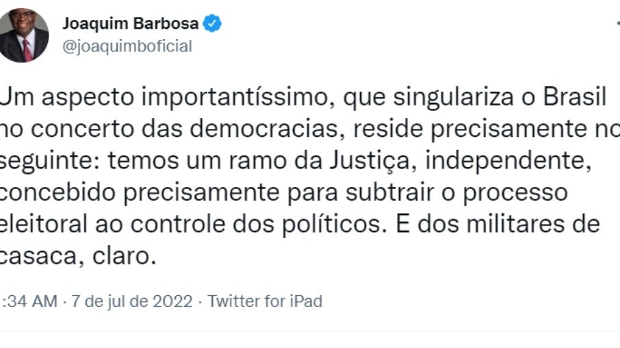 Joaquim Barbosa rebate ministro da Defesa sobre papel das Forças Armadas nas eleições: 'Devem permanecer quietinhas'