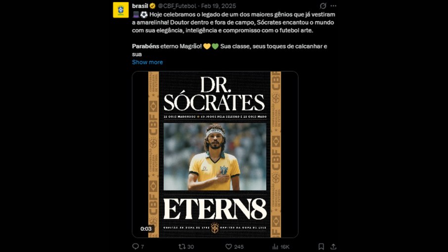 CBF parabenizando Sócrates; ídolo do Corinthians completaria 71 anos na data do post CBF parabenizando Sócrates; ídolo do Corinthians completaria 71 anos na data do post