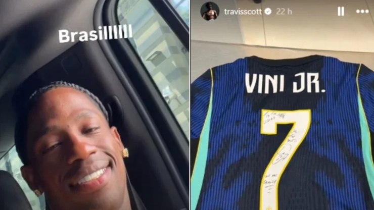 Vini Jr presenteia Travis Scott após rapper vibrar com gol