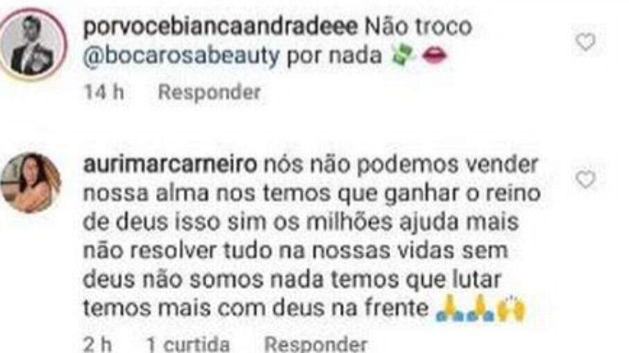 Comentário feito por mãe de Fred nas redes sociais de Bianca Andrade