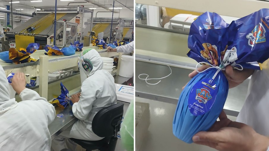 Máquina realizando a embalagem dos ovos de páscoa enquanto colaboradores finalizam os laços decorativos