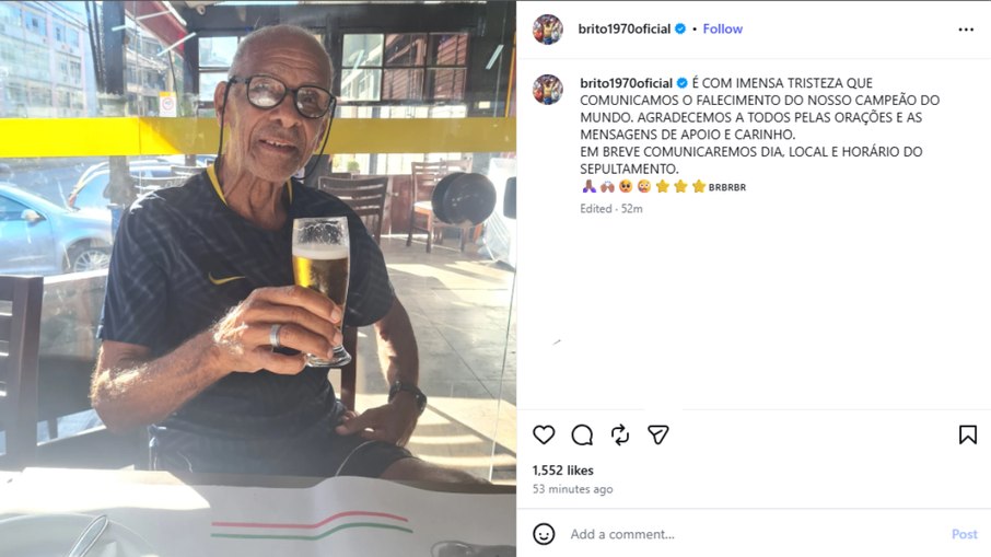 Família comunica morte de Brito, lendário zagueiro da Seleção