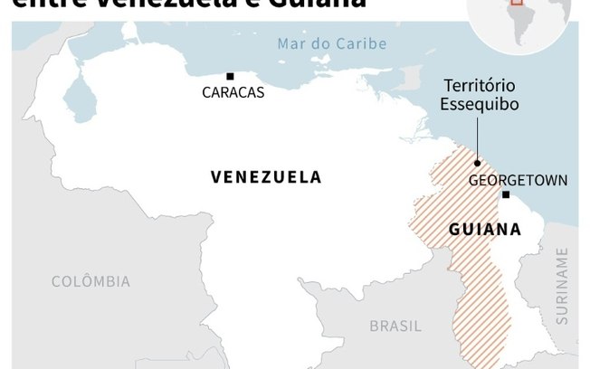 Localização do território de Essequibo, disputado entre Venezuela e Guiana.