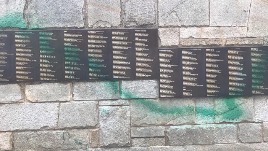 Placa com nome das vítimas do holocausto suja de tinta Placa com nome das vítimas do holocausto suja de tinta