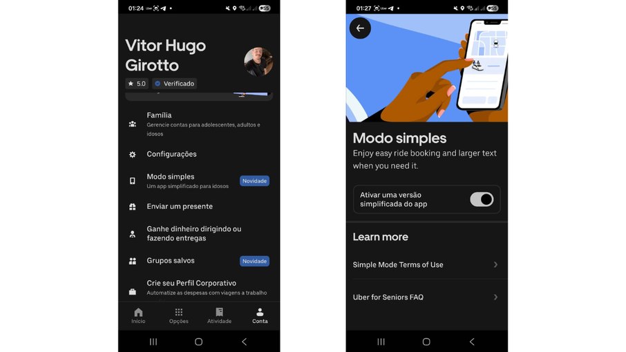 Como ativar o Modo Simples no aplicativo da Uber