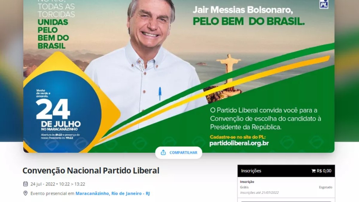 PL disponibilizou ingressos em site para convenção que vai oficializar a candidatura de Bolsonaro à reeleição