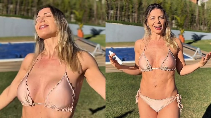 Sheila Mello surge de biquíni nude e exibe boa forma aos 47 anos