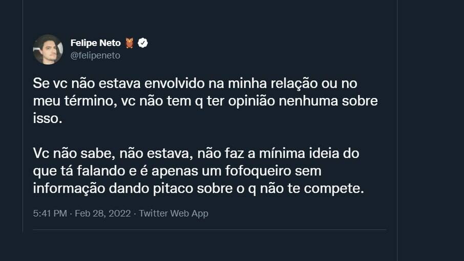 Felipe Neto comentando o assunto no Twitter